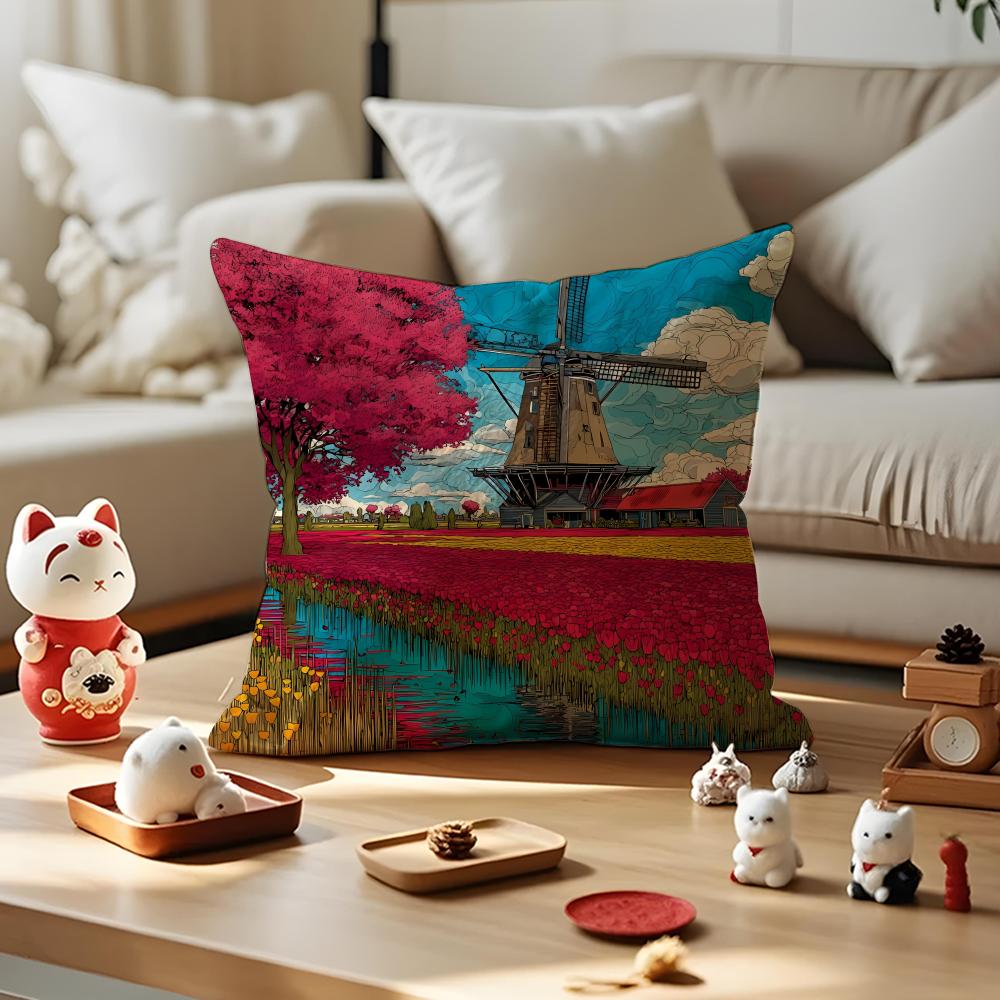 Dutch Windmills & Tulips Cushion Cover Anti-dustmite Pillowcase Invisible Zipper Silky Short Plush Sofa Cushion Cover