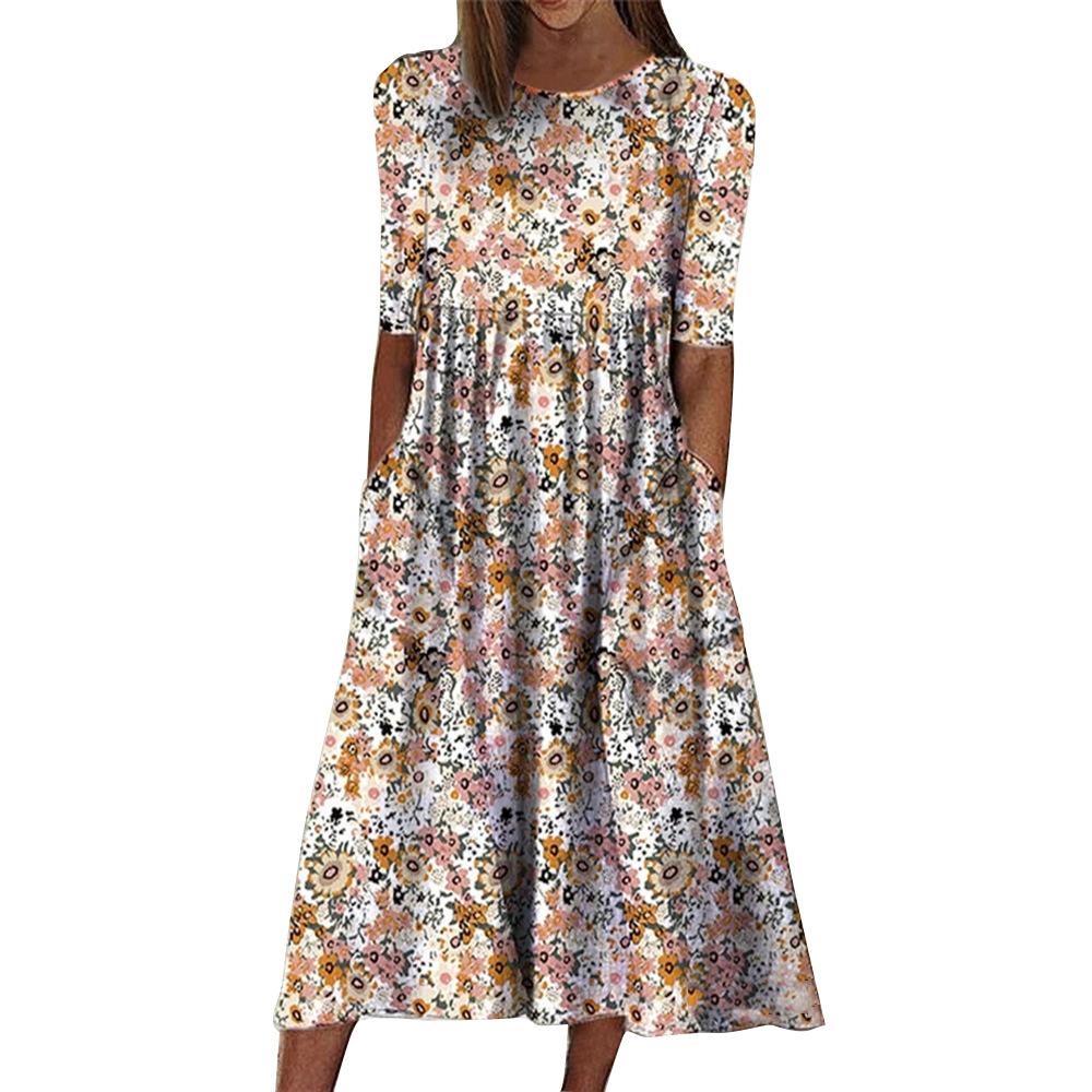 Cross-border 2026 Amazon autumn and winter printing round neck pullover middle sleeve loose casual pocket medium long dress women S белый