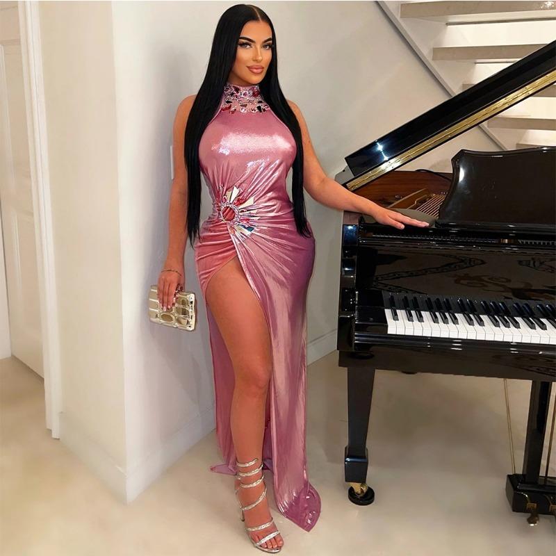 Sleeveless High Slit Solid Color Press Drill Dress Fashion Evening Gown Women's Long Dress Women's Dress