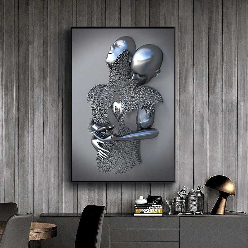 3D Love Heart Grey Art Painting On Canvas Metal Figure Statue Art Posters and Prints Wall Pictures for Living Room Home Decor