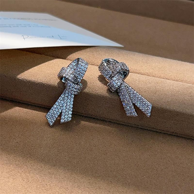 Micro Inlaid Zircon Bow Earrings Sweet Cool Daily Women Jewelry
