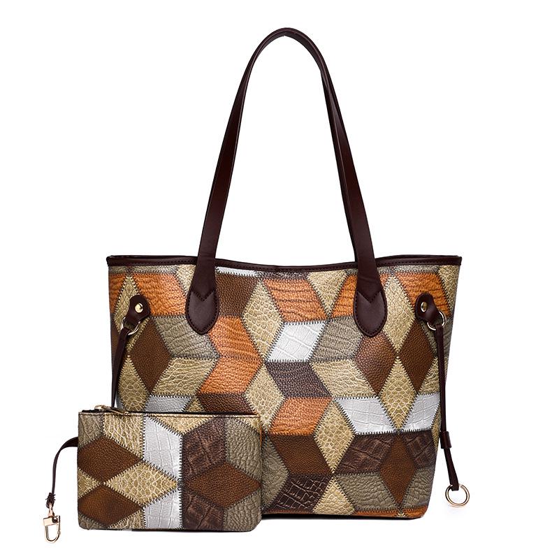 Cross-Border Patchwork Color-Block Tote: Large Capacity 3D Handbag for Moms