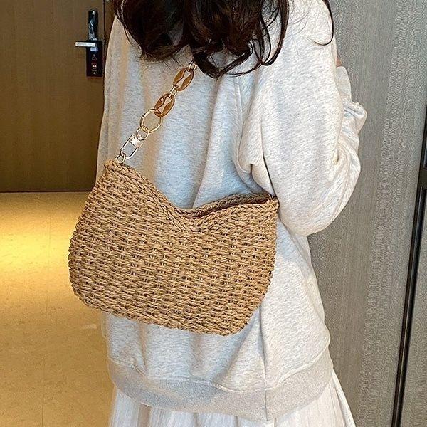 Summer Beach Vacation Straw Woven Bag for Women - Chain-Embellished Versatile Handheld Shoulder Bag