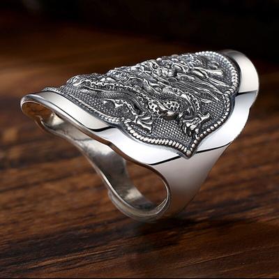Retrosen Vintage Creative Silver Male Personality Chinese Zodiac Dragon Opening Adjustment Ring Jewelry Accessory