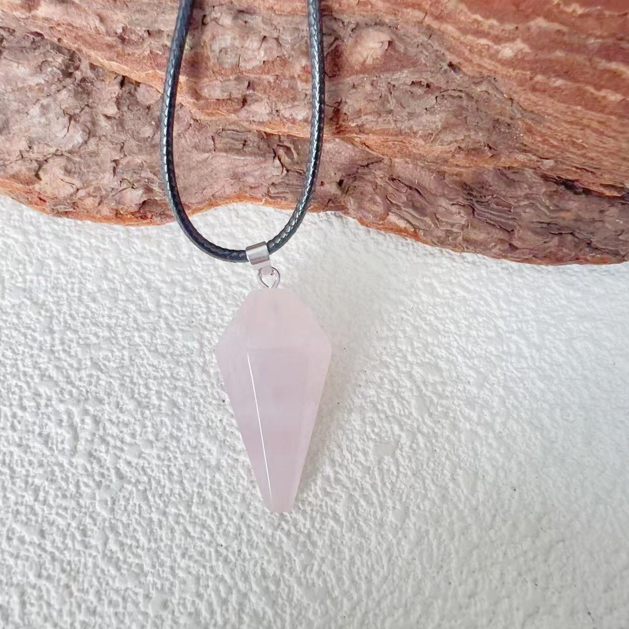 Pink Crystal Double-Pointed Hexagonal Pendant Necklace with Black Leather Cord