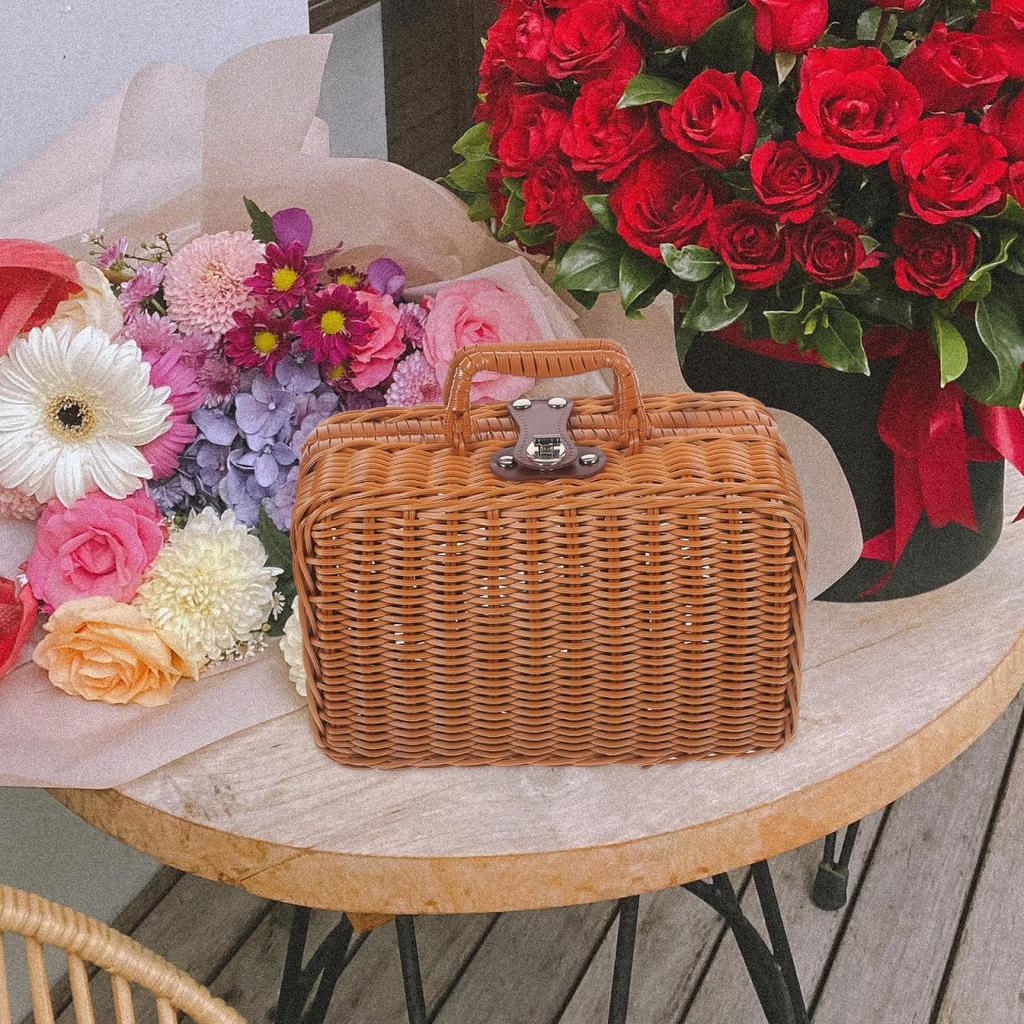 YARNOW Imitation Rattan Suitcase Rattan Picnic Wicker Picnic Basket Storage Basket with Lid Woven Basket with Lid Hand Decor Make Up Clothes
