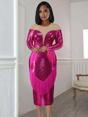 Fuchsia Tassel Dresses for Women Sexy Tulle Sequiens Patchwork Luxury Glitter Sparkle Birthday Evening Cocktail Event Party Bodycon Gowns Outfit