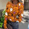 Women Casual Long Sleeve Ribbed Top Halloween Pumpkin Print Round Neck Slim Fit Stretchy Shirt