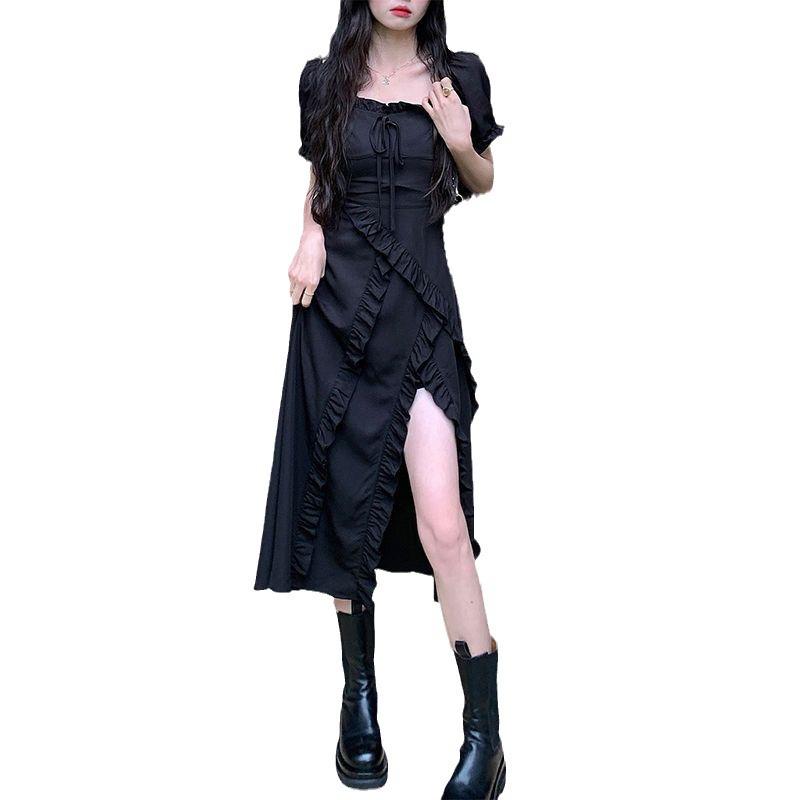 Summer 2024 French Lace Square Collar Slim Fit Slit Dress