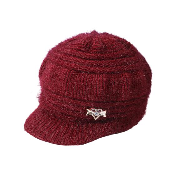 Mid-aged Women Winter Hat Thickened Knitted Elastic Short Brim Heart Rhinestone Decor Pure Color Windproof Warm Head Protection Lady Cap