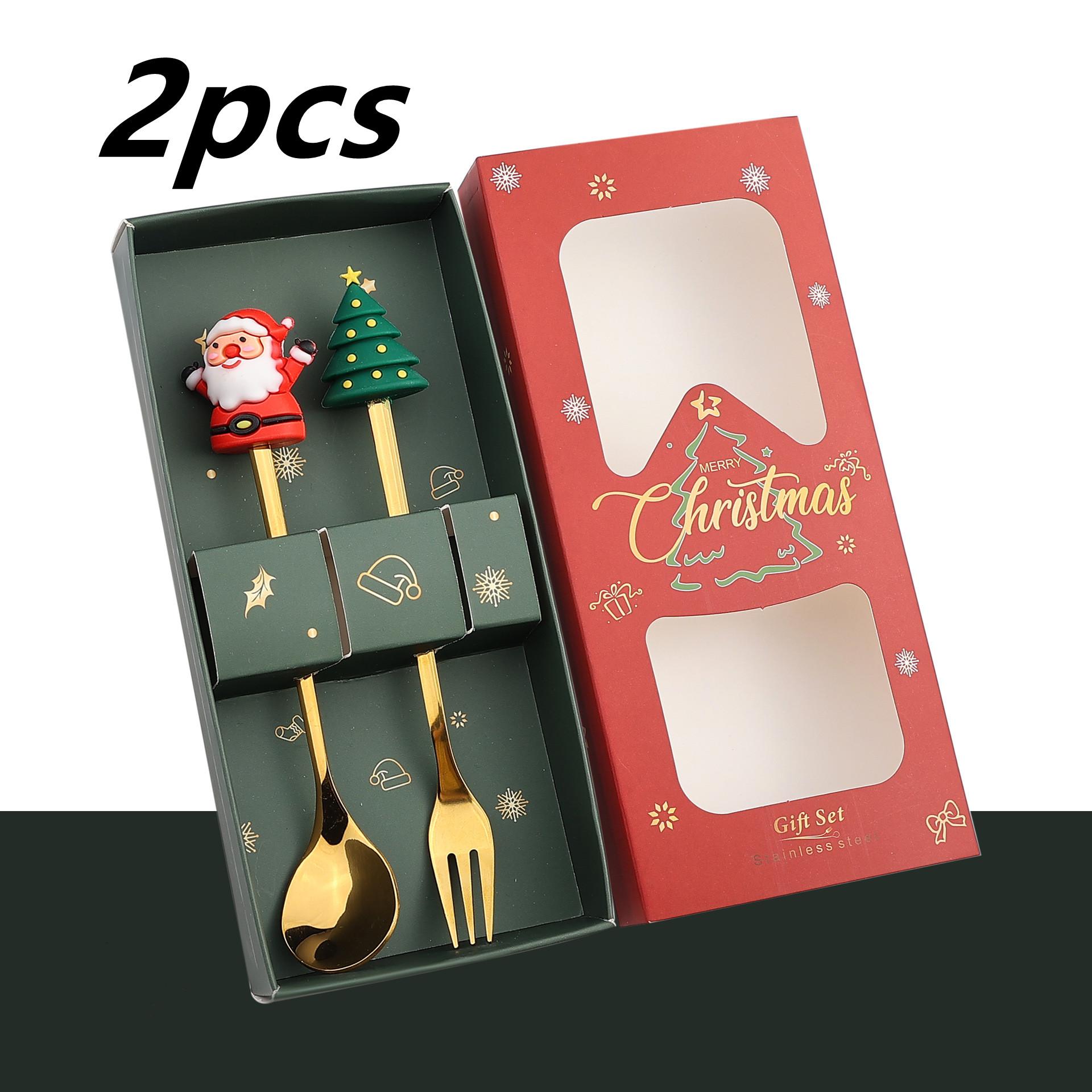 

Рождественский подарочный набор столовых приборов из нержавеющей стали, фруктовая вилка, кофейная ложка, мультяшные металлические аксессуары из розового золота, украшение для кухонного стола 2pcs
