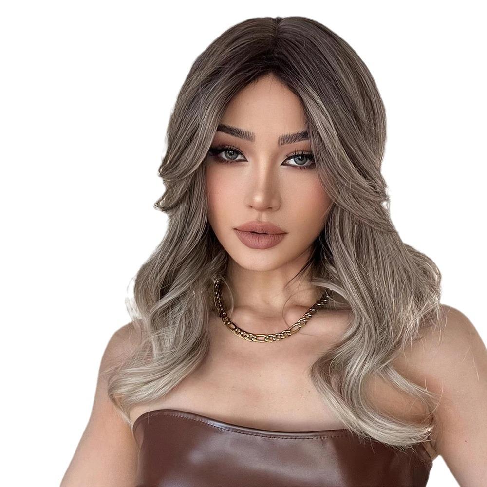 European & American Style Synthetic Headpieces with Gradient Gray-Brown, Middle-Parted French Perm - Popular Colors for Women