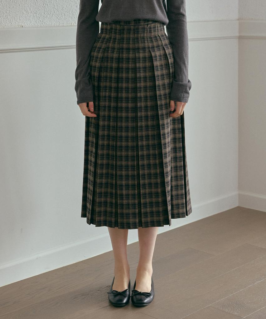 Odier Check Pleated Long Skirt - Black