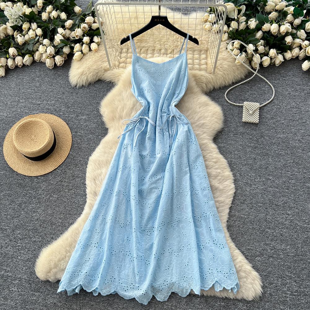 French Holiday Style Strap Hollow Suspender Dress Women's Rose Red Waist Thin Long Dress Sexy Beach Dress