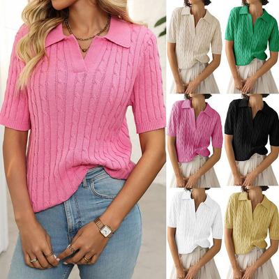 Sommer Damen Kurzarm Revers Gestrickter Pullover mit V-Ausschnitt und gestrickten Blumen