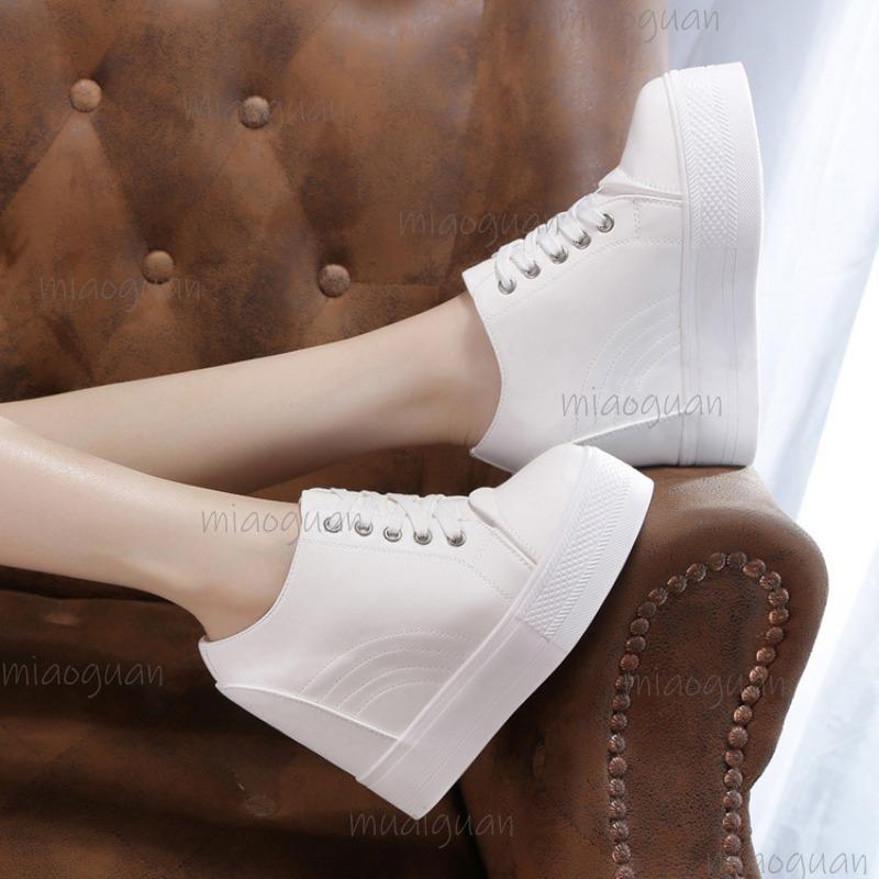 Spring Autumn White Women's Vulcanize Shoes Height Increasing Wedges Platform Casual Shoes for Woman Lace-up Fashion Sneakers