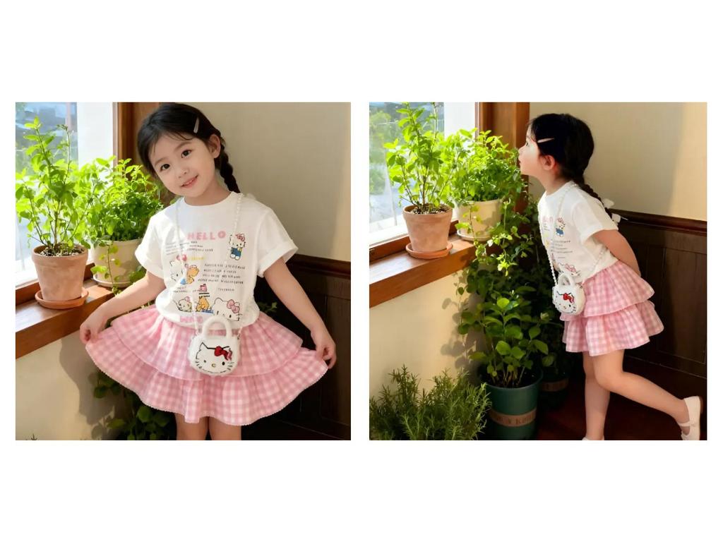 2025 Korean Summer Cute Cat Print Short Sleeve Plaid Skirt Set