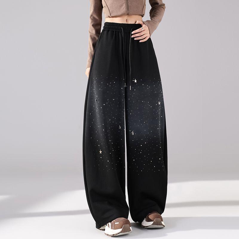 Pantalones de chándal para mujer con plátano y strass degradado - Cintura elástica Otoño/Invierno Pantalones casuales de pierna ancha