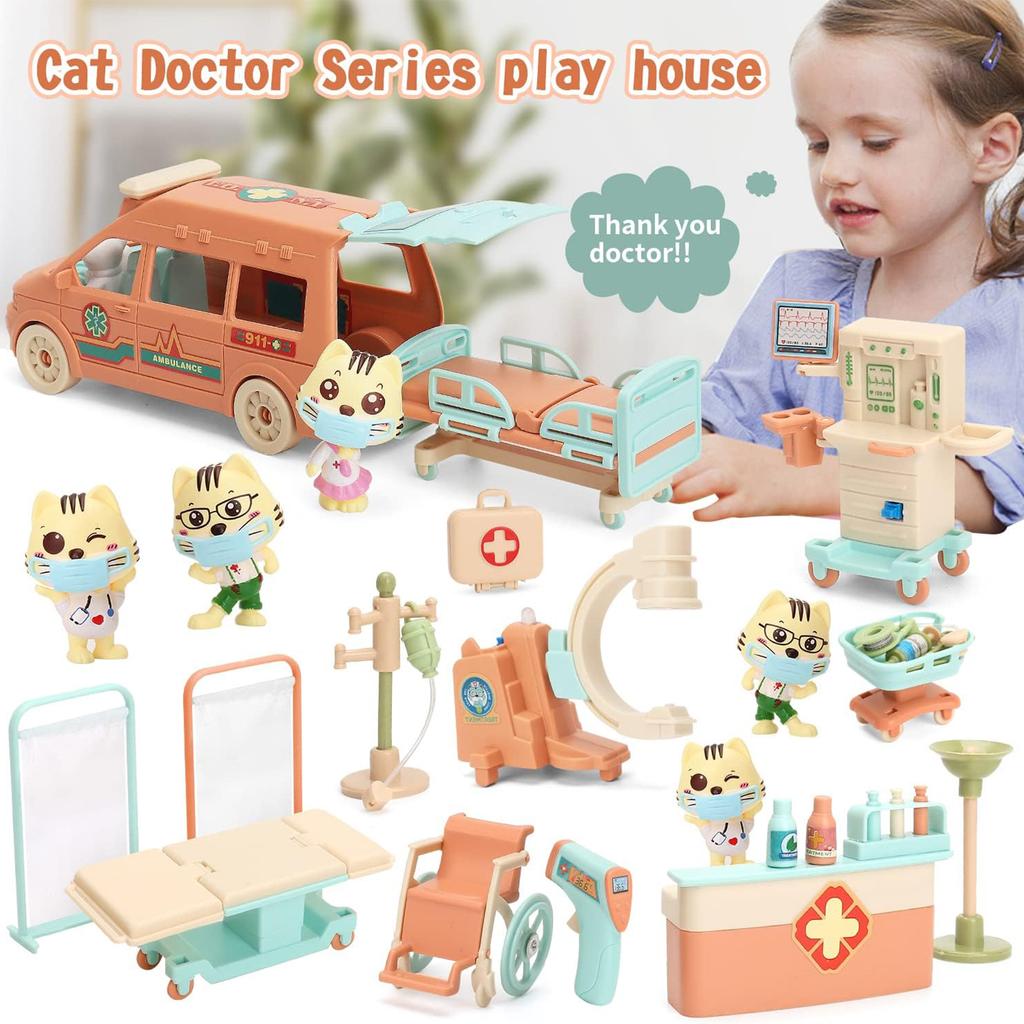 Cat Dolls Doctor Pet Pretend Play Toys, Figures Playset Toy, Hospital Ambulance Toy Educational Toys Pet Care Playset Hospital
