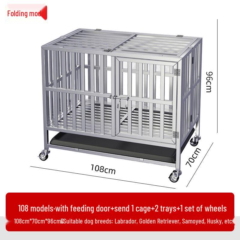Stainless Steel Dog Cage with Toilet, for Small to Large Breeds, Full Square Tube Design, Suitable for Golden Retrievers.