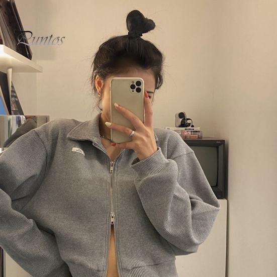 Cardigan Lapel Long Sleeves Zipper Closure Ribbed Women Coat Crop Spring Autumn Thin Solid Color Short Casual