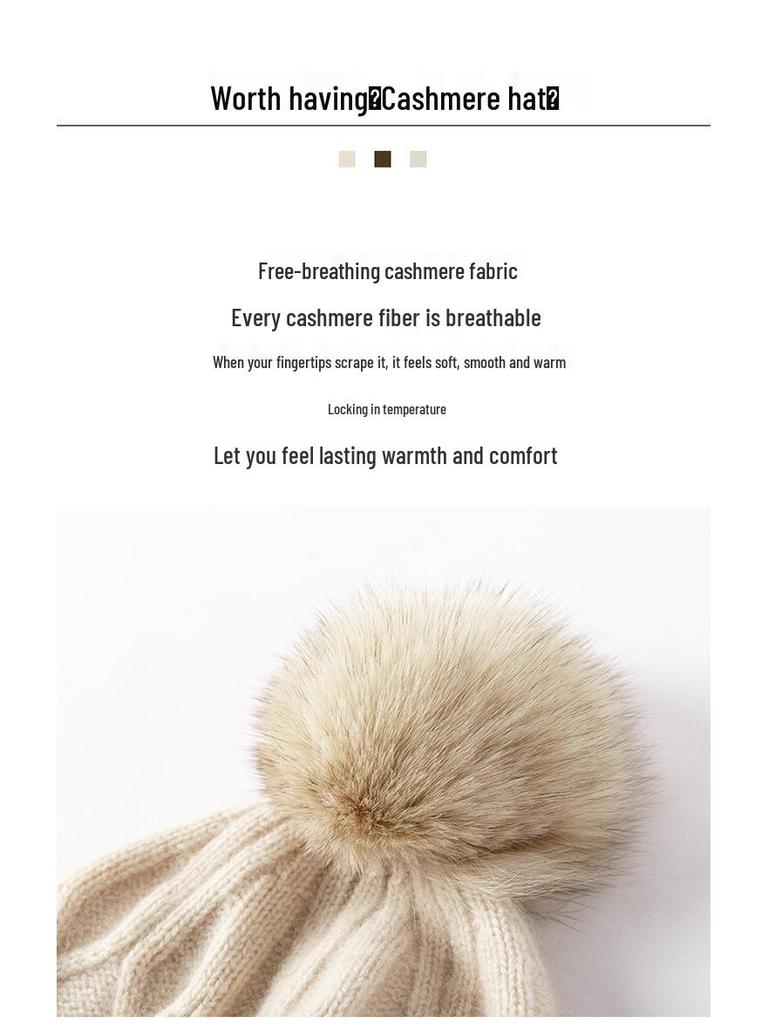Cashmere Hat with Detachable Fox Fur Pompom, Cable Knit, Warm Ear Protection, Street Style for Autumn & Winter