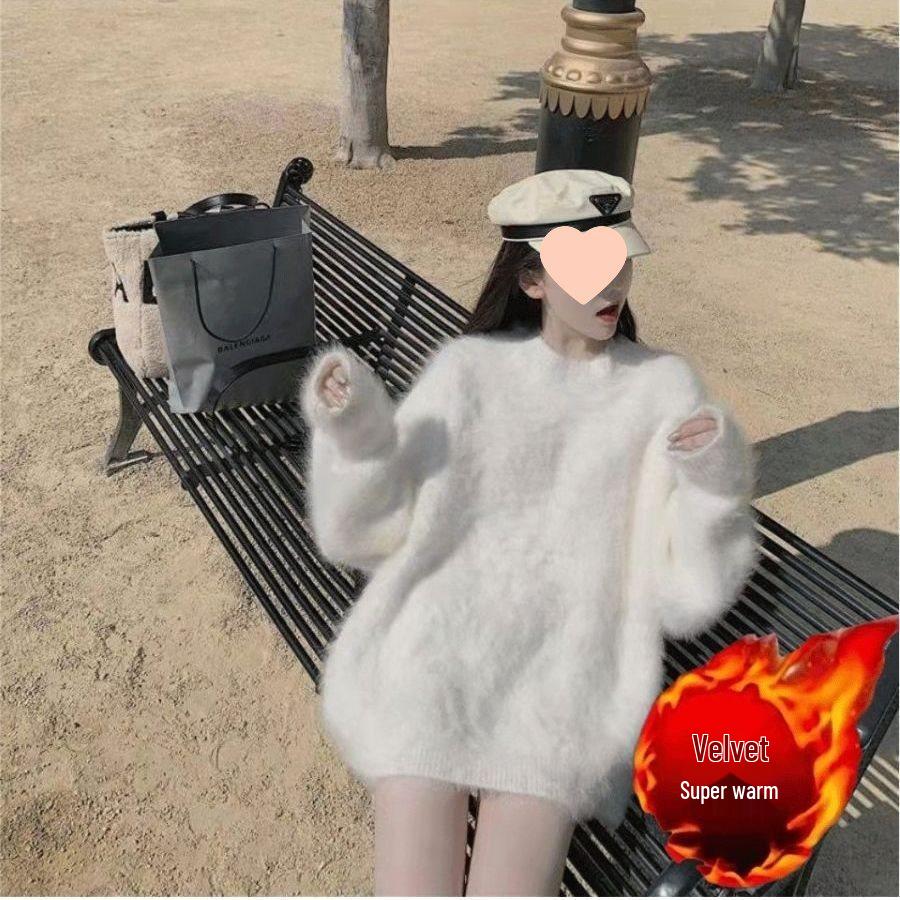 

2025 Autumn/Winter Women s Loose Knit Mink Cashmere Cardigan Sweater - Fleece-Lined, Thickened, Mid-Length. L for 105-115 jin, length 65cm белый
