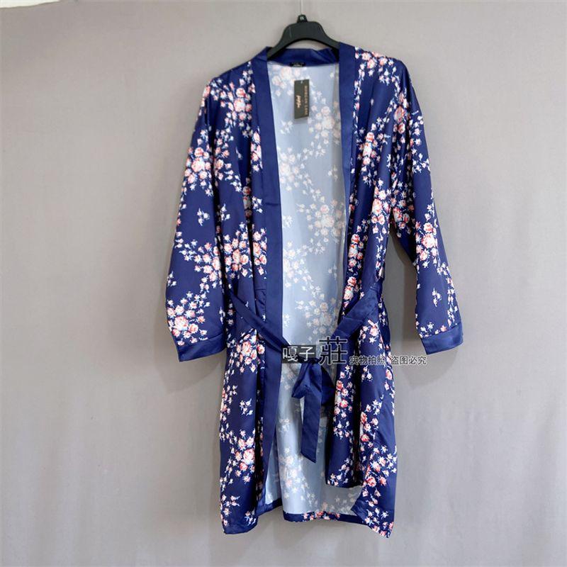 

Export USA FA * Plus size women clothing Pajamas Nightgown Belt Nightdress Robe Belted Satin Robe Blue Flower plus