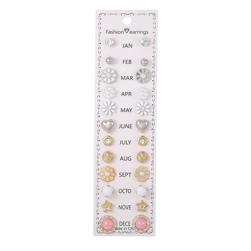 12 Floral Diamond Earrings Set Combination Stud Earrings Set A Variety Of Alloy Stud Earrings