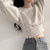 Autumn Niche Design Sense Round Neck Buckle Waist Slimming Long Sleeved Pullover Hoodie Top for Women