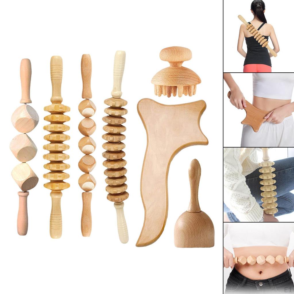 7Pcs Wood Massage Tools, Manual Handheld Scraper Kit, , Wooden