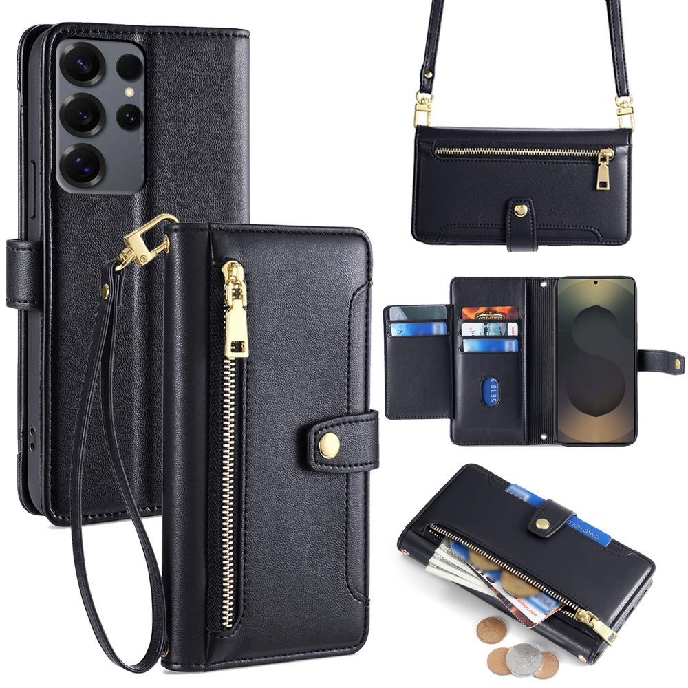 For Samsung Galaxy S25 Ultra Leather Case Zipper Pocket Wallet Phone Cover with 2 Straps