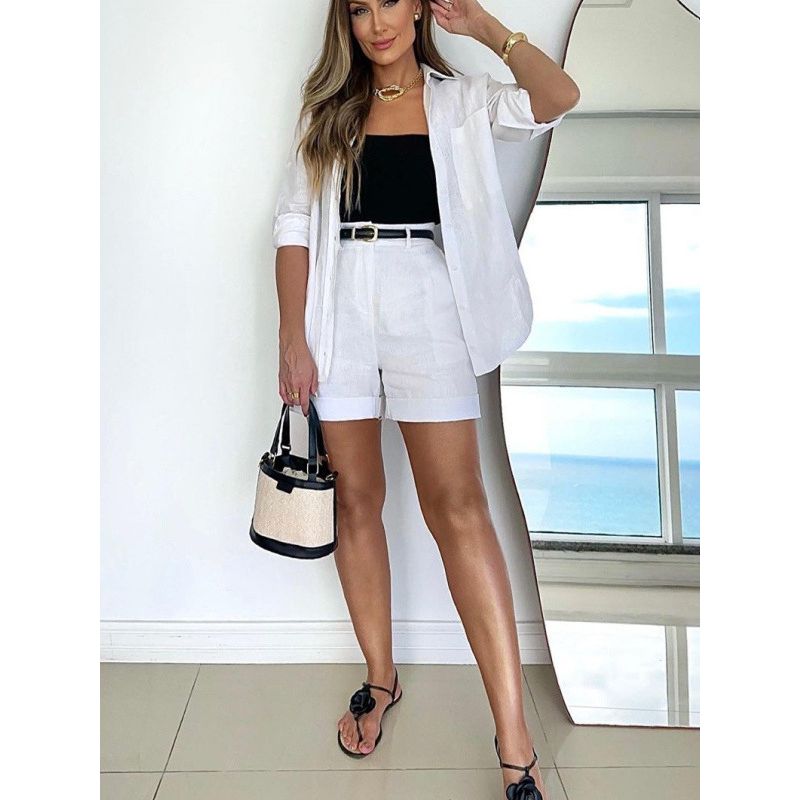 Long Sleeve Collar Shirt Shorts Set Long Sleeves Lapel Shirt Shorts Suit
