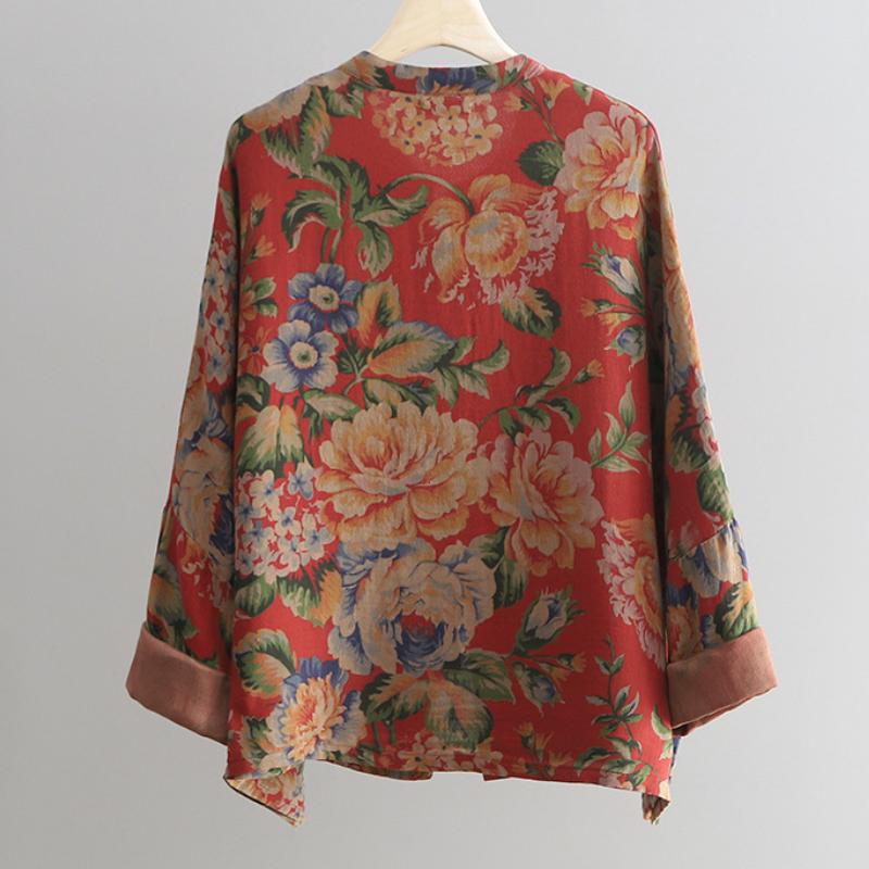 Dámské ležérní jarní letní bavlněné bundy Retro potisk Top Dámský stojáček Knoflíky Vintage kabát