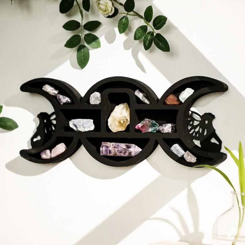 Black Fairies Moon Design Wooden Wall Crystal Display Hanging Shelf With Multi Compartments For Artistic Storage Solution
