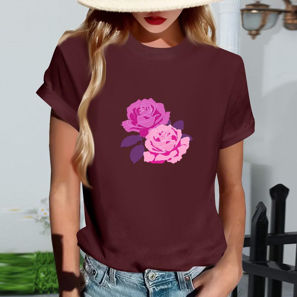 Women's Fashionable Round Neck Casual Retro Print Short Sleeved T-shirt Top