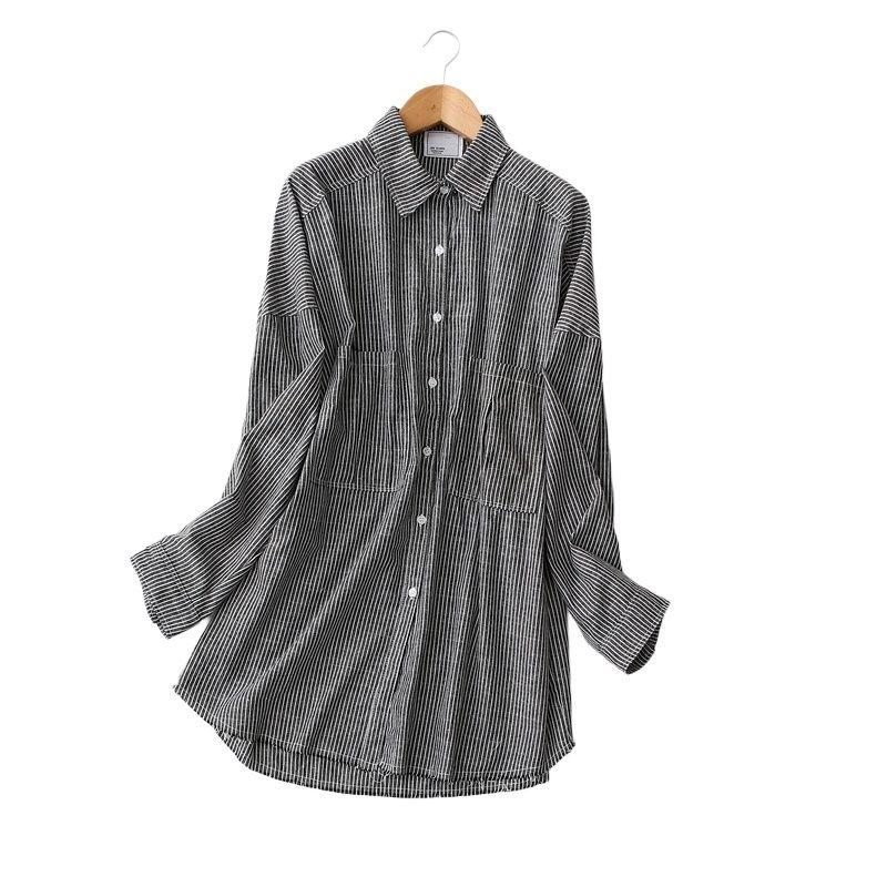 From Cupboard Tail Single Artsy Minimalist Loose Vertical Striped Cotton Shirt Women's Long Sleeve Mid Length Long Length Casual Shirt Spring & Fall