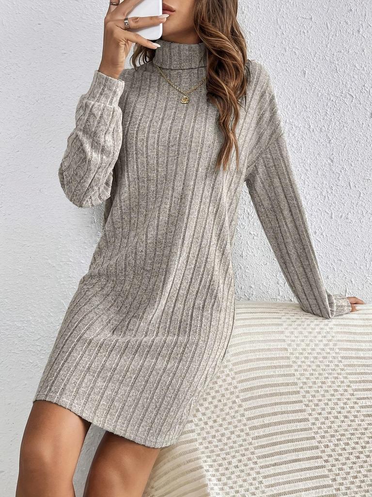 2026 Fall/Winter Women's Casual Solid Color High Neck Long Sleeve Knitted Dress