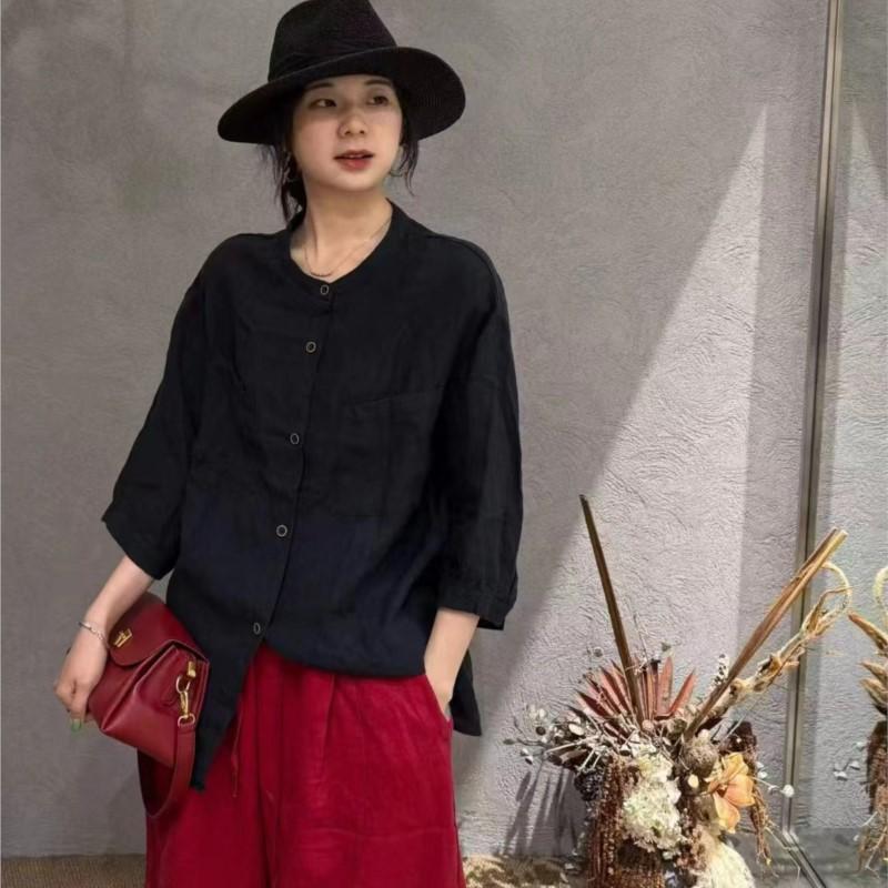 Johnature Casual Shirt Women Summer Retro Loose Versatile Single Breasted Seven Quarter Sleeved Top For Women