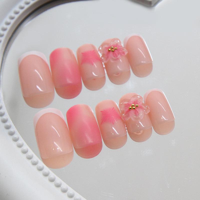 French Manicure Patch Simple Removable Nail Three-Dimensional Flower Wearing Nail Smudging Manicure Piece 24 Fake Nails
