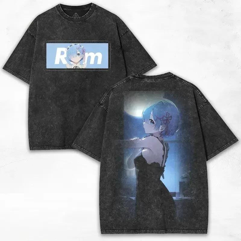 

ре:Винтажная стираная аниме-футболка Zero Rem Moon Night, унисекс, кавайная, для фанатов аниме, уличная одежда, повседневная футболка с коротким рукавом, 100% хлопок L