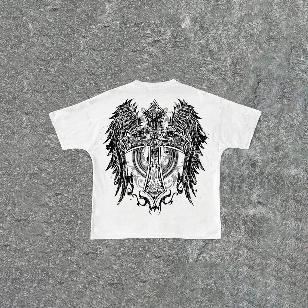Men's Minimalist Gothic Cross Graphic Tee, Small Chest Print Casual Streetwear T-Shirt