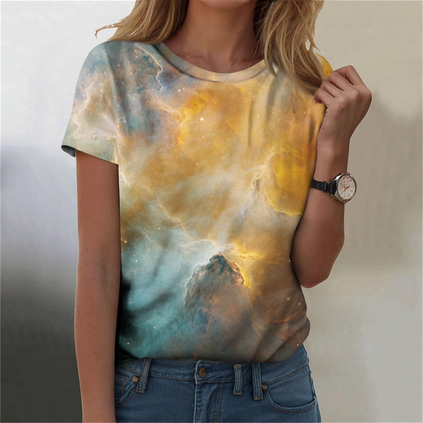 

Женская мода повседневная футболка с круглым вырезом и короткими рукавами с принтом неба XL жёлтый