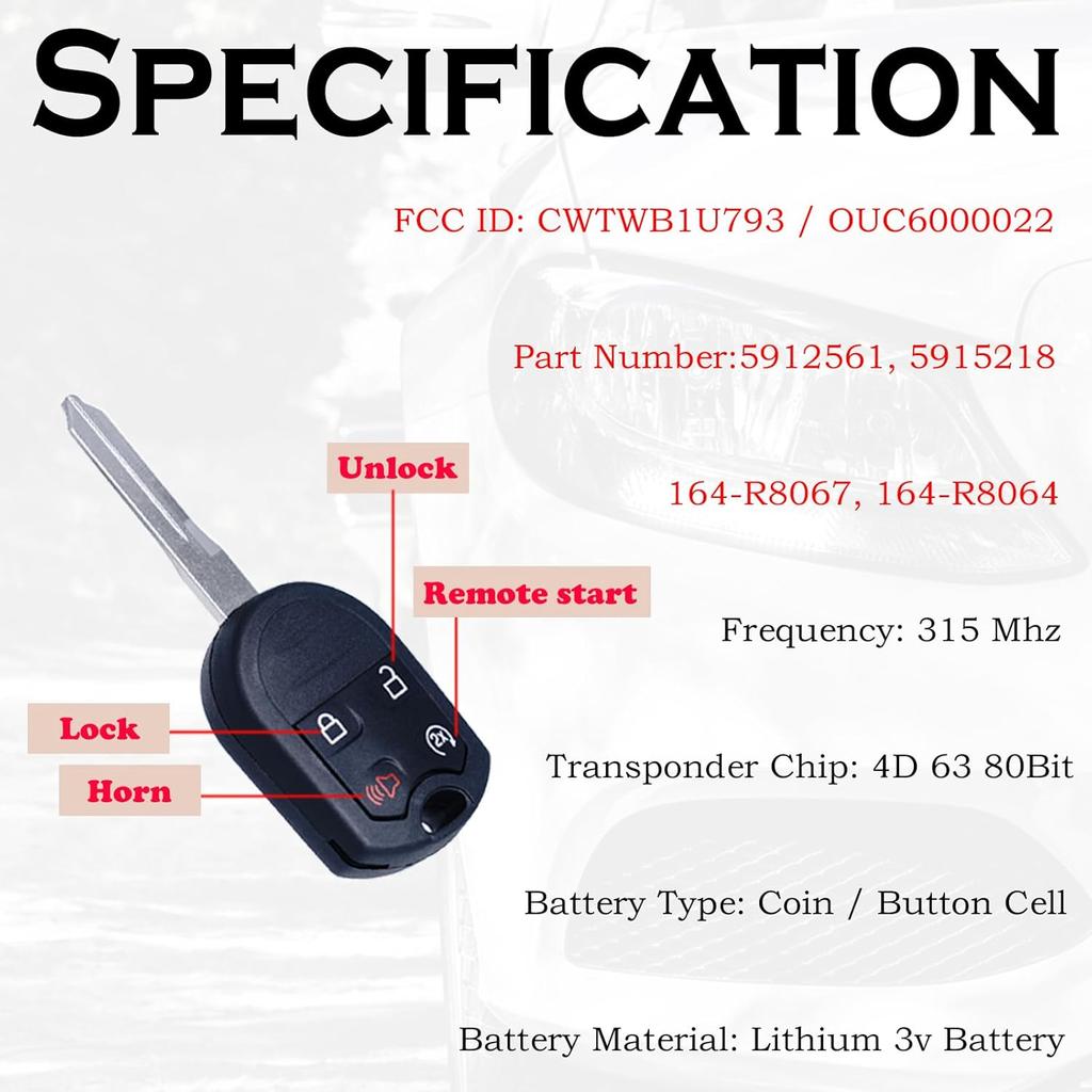 Keyless Entry Key Fob Remote Start Control Replacement Fits for Ford F-150 /F150 2011 2012 2013 2014 F-250/F250 F-350/f350 Super Duty Explorer