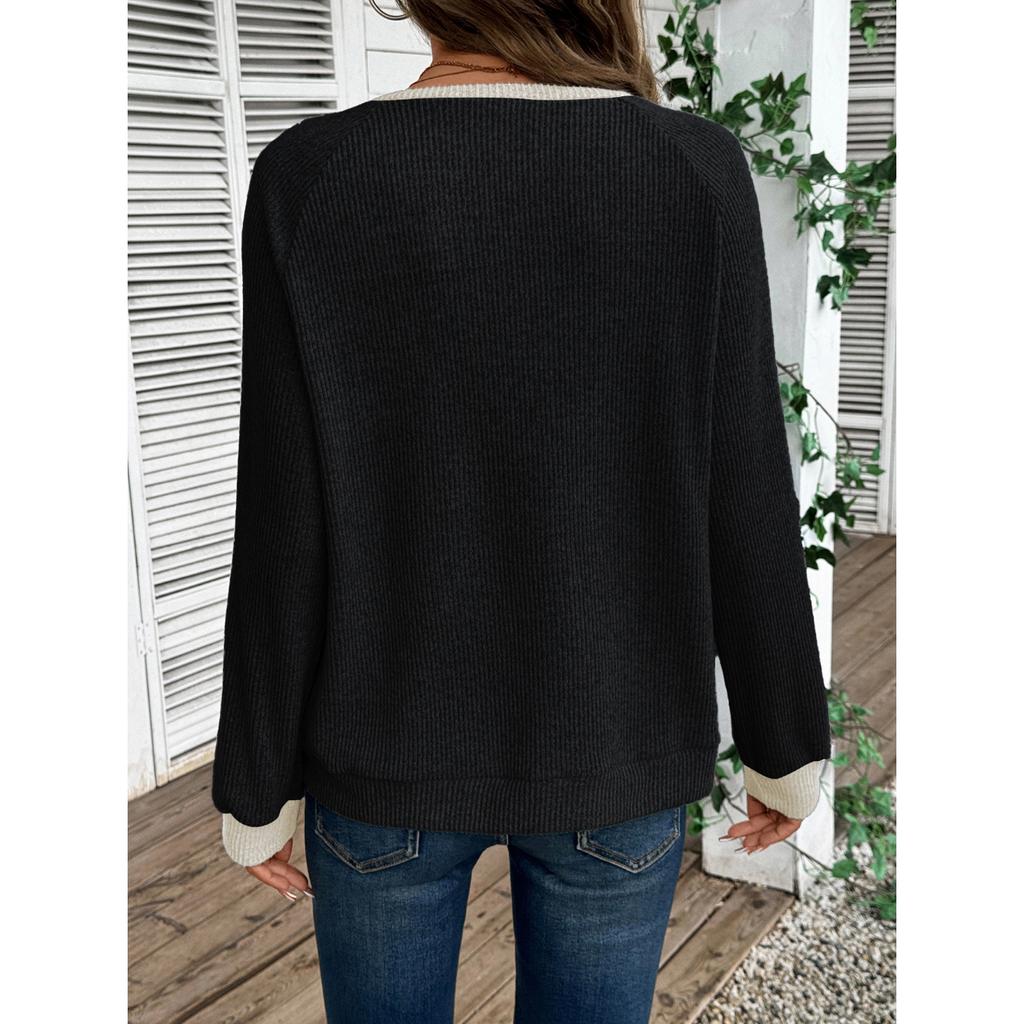 Women's Autumn Winter V-Neck Color Block Top, Oversized Drop Shoulder Long Sleeve Casual Loose Fit Sporty Streetwear Shirt