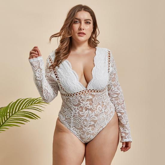 

Глубокий V-образный вырез с высокой эластичностью с длинными рукавами Порнографическая тонкая цветочная вышивка больших размеров Боди для вечеринки