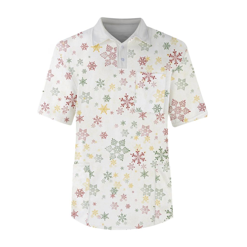 Men's Short Sleeve Button Lapel Christmas Prints Chest Pocket Dry-nurse Top