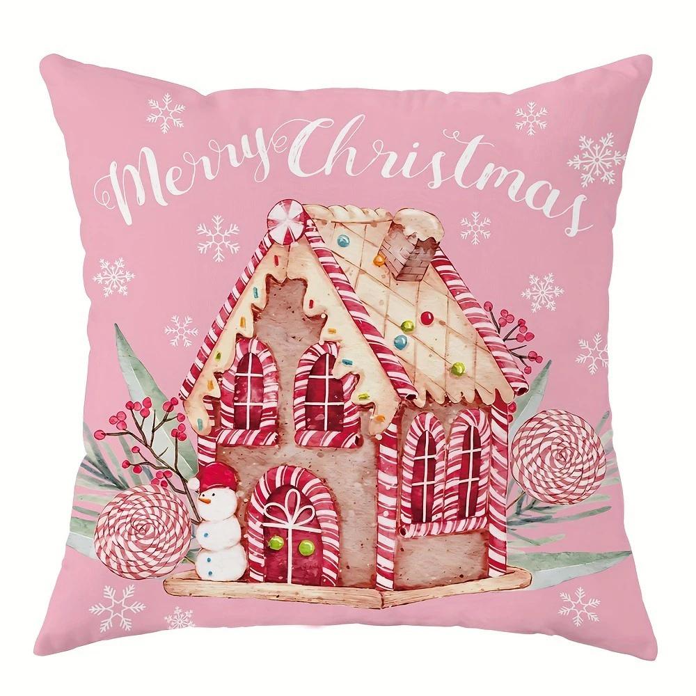 Christmas Decoration Pillow Cover Christmas Gingerbread Man Candy Hut Train Pattern Sofa Cushion Cover Home Decoration