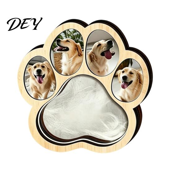 Pet Loss Memory Memorial Wooden Paw?Shaped Picture Frame, Keepsake Photo Frame with Fur Box Storage Compartment, Remembrance Tabletop Ornament