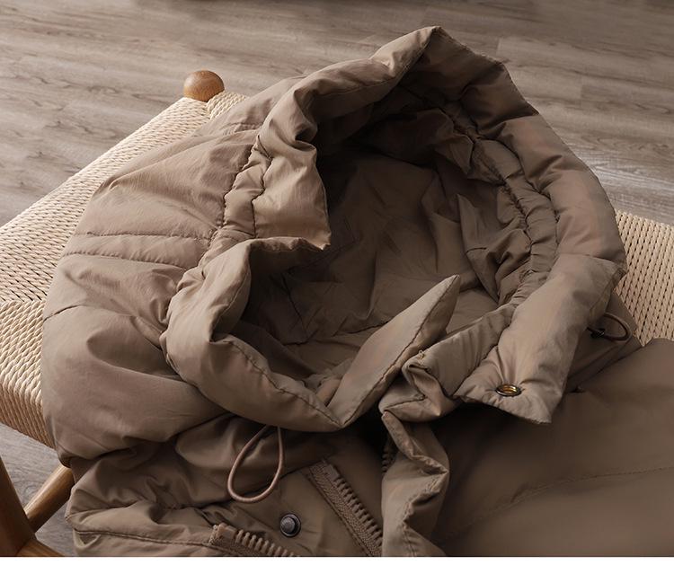 Women's 2023 Winter Hooded Duck Down Jacket with Oblique Placket, Mid-Length, Over-the-Knee, and Zipper.